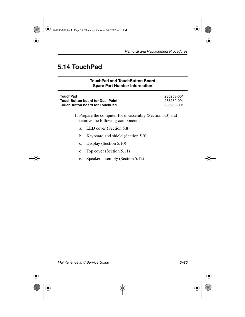 14 touchpad, 14 touchpad –35 | Compaq 2800 User Manual | Page 113 / 181