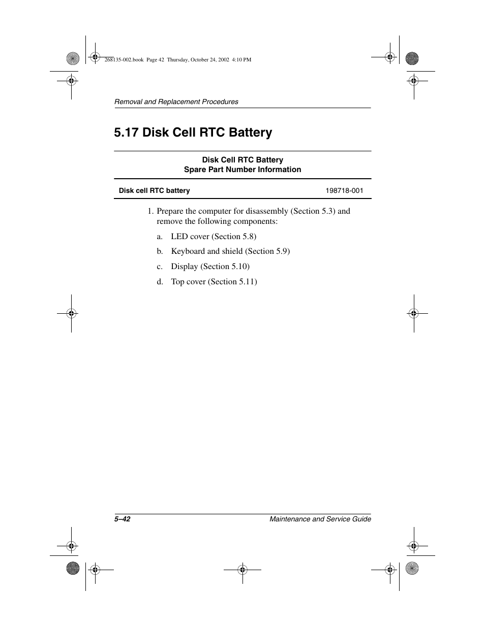 17 disk cell rtc battery, 17 disk cell rtc battery –42 | Compaq 2800 User Manual | Page 120 / 181