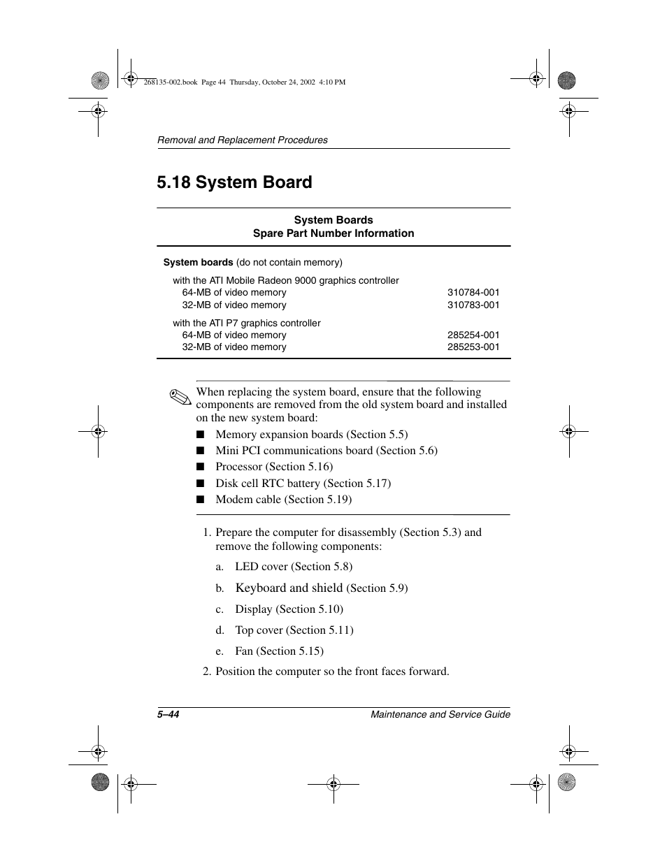 18 system board, 18 system board –44 | Compaq 2800 User Manual | Page 122 / 181
