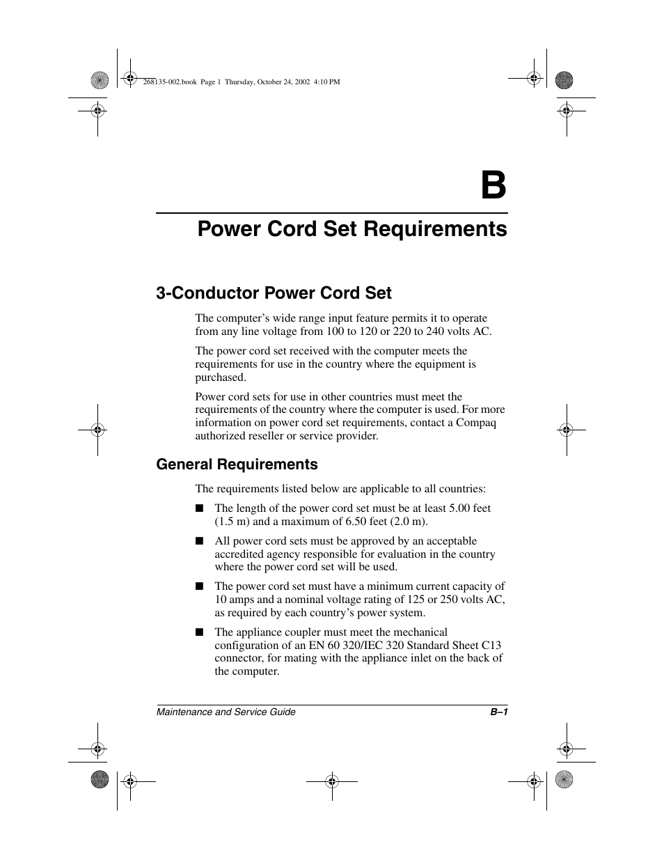 Power cord set requirements, Conductor power cord set, General requirements | B power cord set requirements | Compaq 2800 User Manual | Page 154 / 181