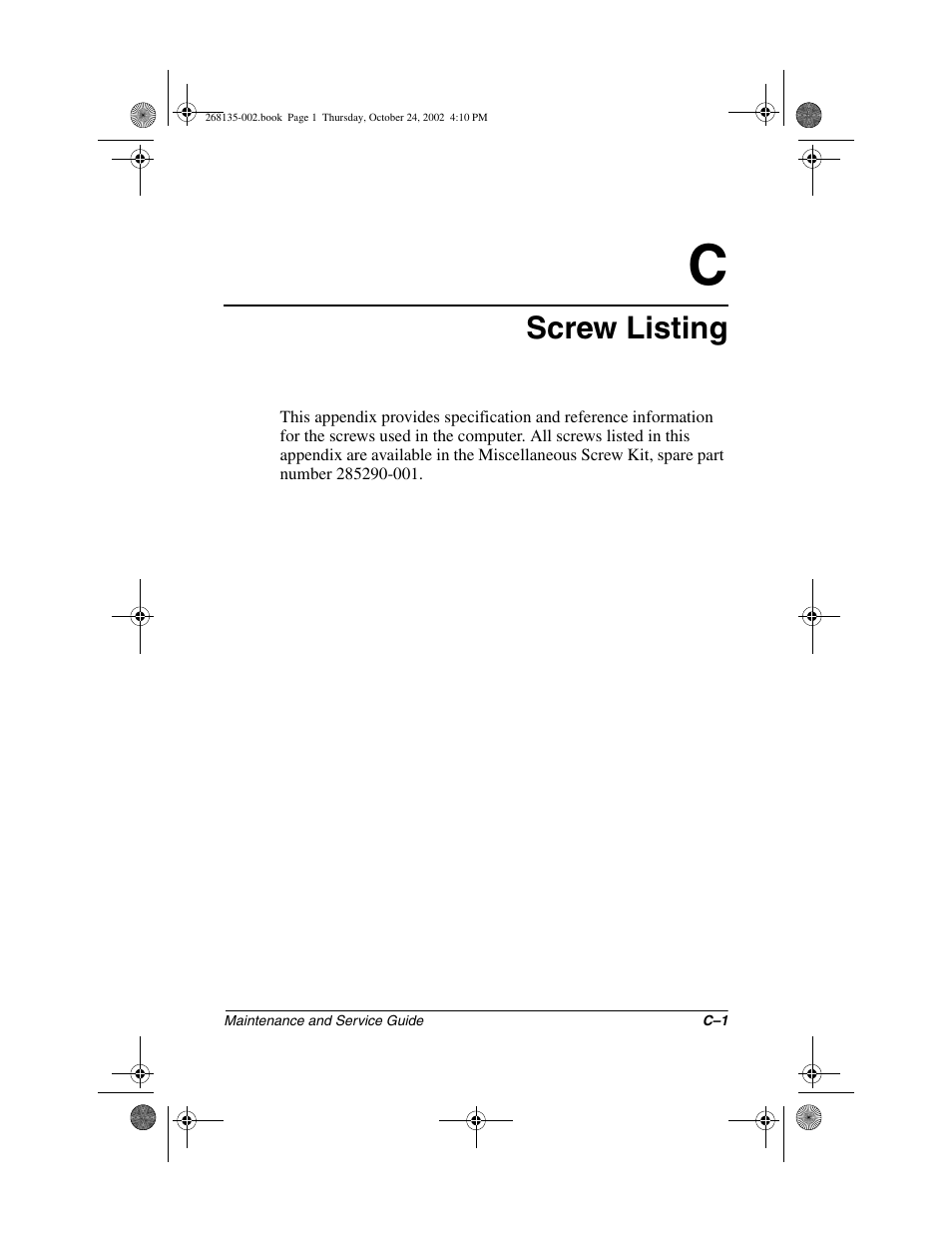 Screw listing, C screw listing | Compaq 2800 User Manual | Page 157 / 181