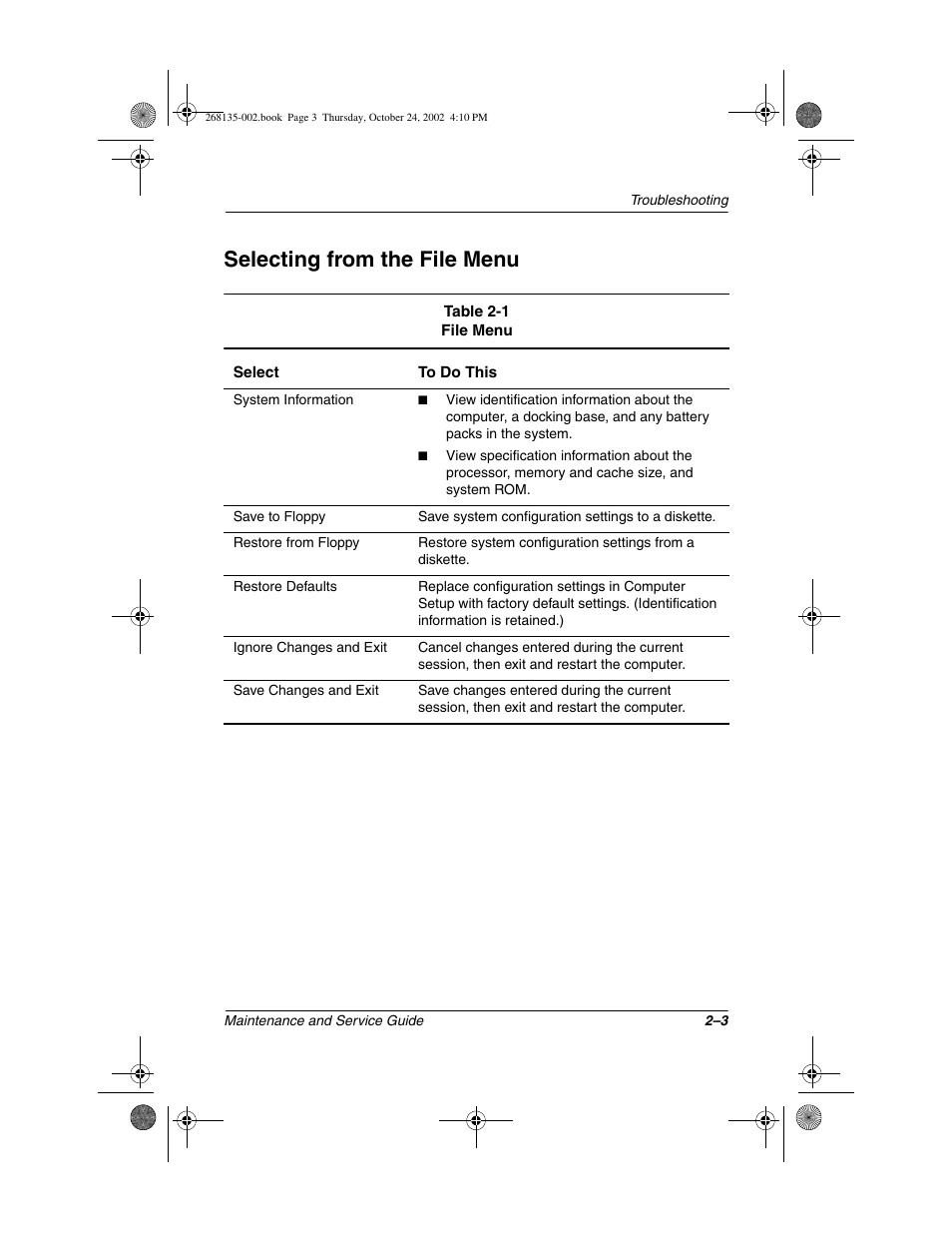 Selecting from the file menu, Selecting from the file menu –3 | Compaq 2800 User Manual | Page 24 / 181