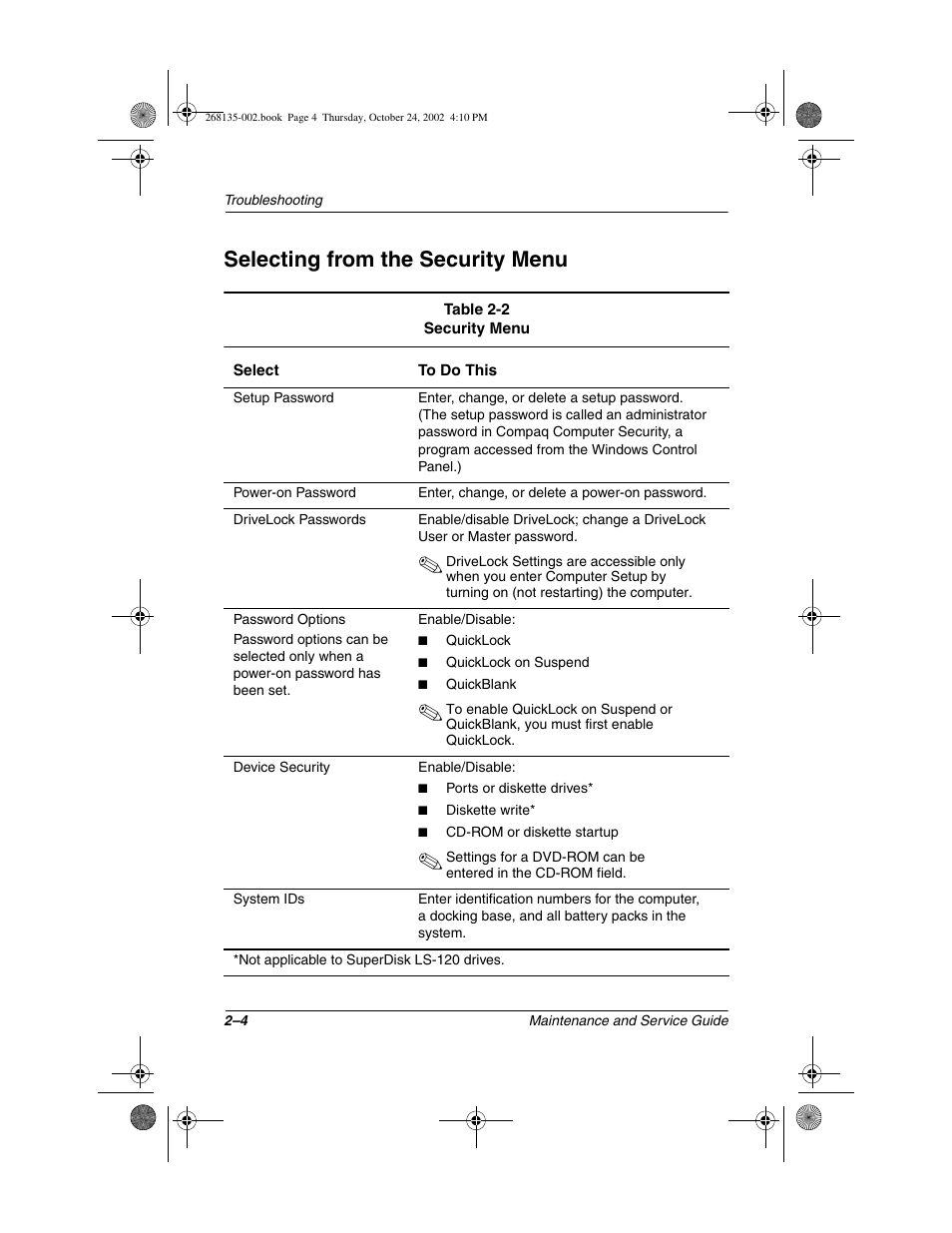 Selecting from the security menu, Selecting from the security menu –4 | Compaq 2800 User Manual | Page 25 / 181
