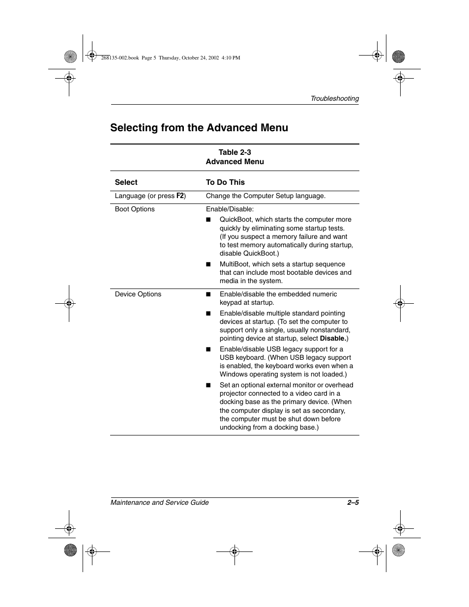 Selecting from the advanced menu, Selecting from the advanced menu –5 | Compaq 2800 User Manual | Page 26 / 181
