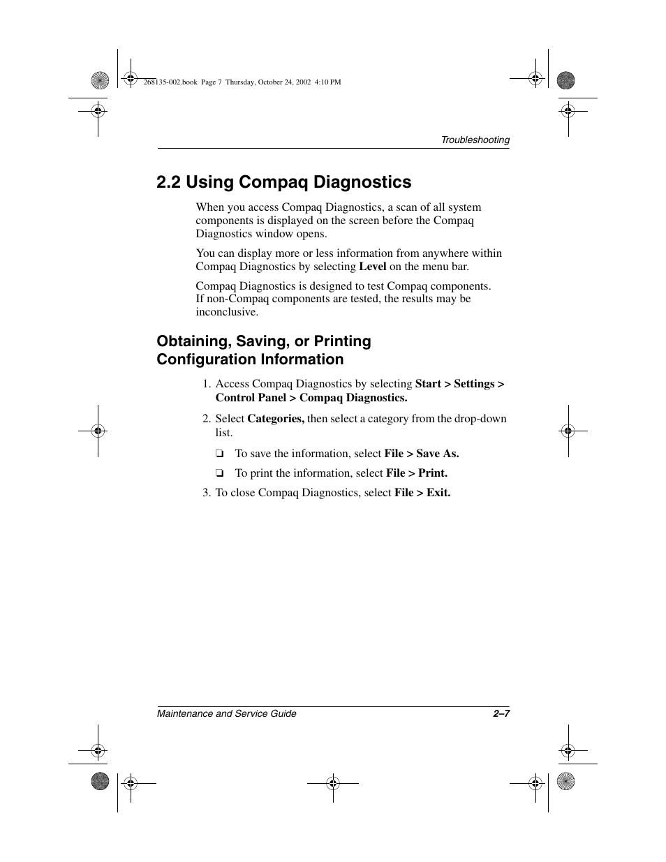 2 using compaq diagnostics, 2 using compaq diagnostics –7 | Compaq 2800 User Manual | Page 28 / 181