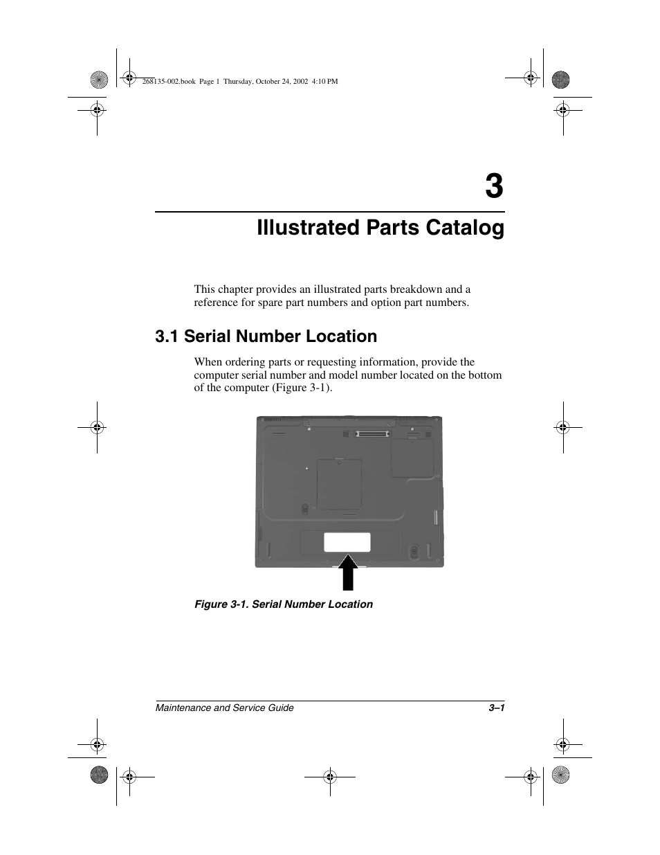 Illustrated parts catalog, 1 serial number location, 1 serial number location –1 | Compaq 2800 User Manual | Page 52 / 181