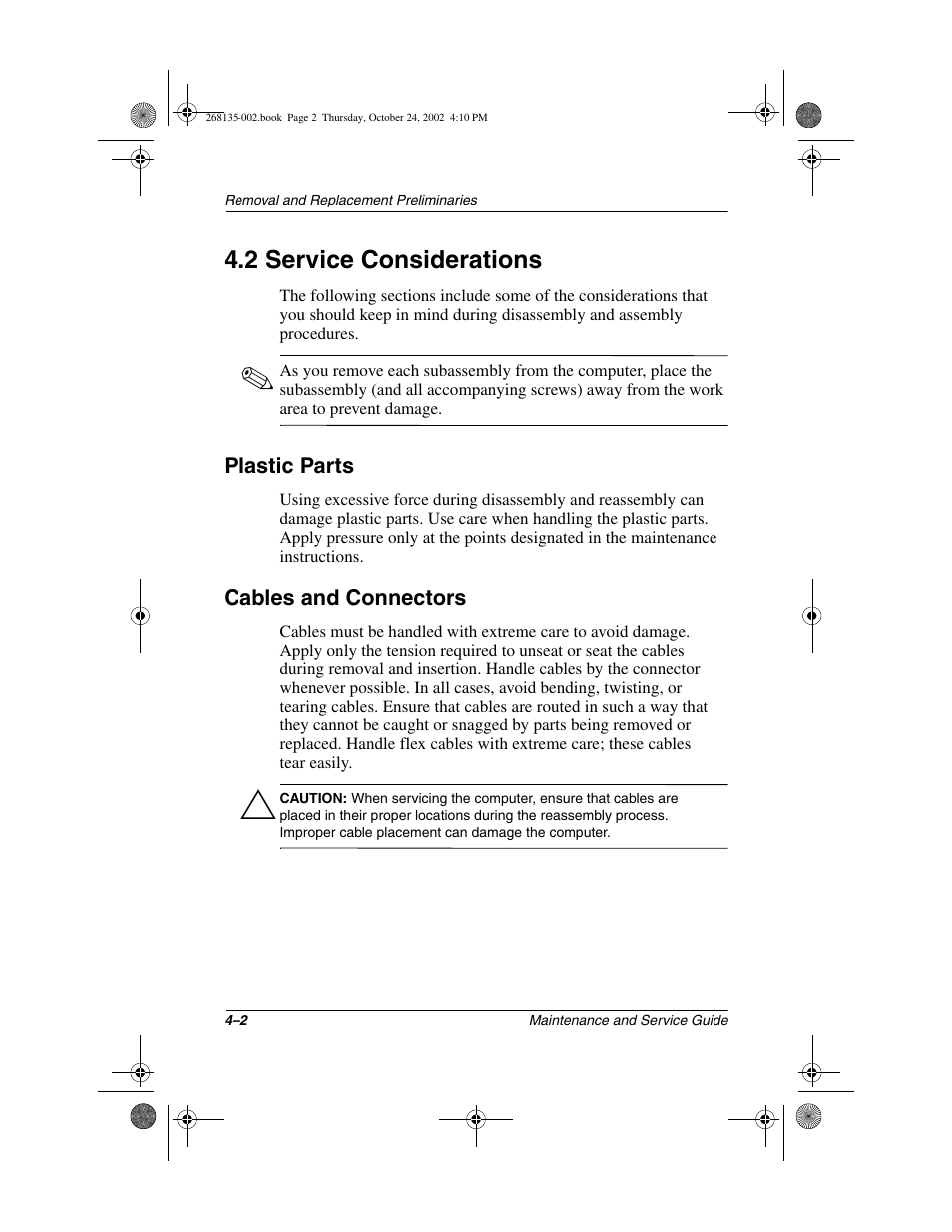 2 service considerations, Plastic parts, Cables and connectors | 2 service considerations –2, Plastic parts –2 cables and connectors –2 | Compaq 2800 User Manual | Page 72 / 181