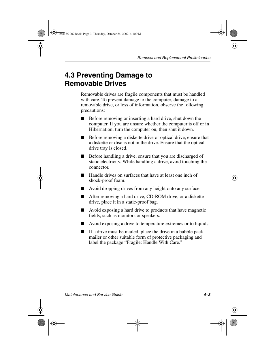 3 preventing damage to removabledrives, 3 preventing damage to removable drives –3, 3 preventing damage to removable drives | Compaq 2800 User Manual | Page 73 / 181