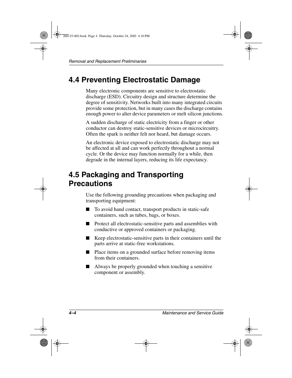 4 preventing electrostatic damage, 5 packaging and transporting precautions | Compaq 2800 User Manual | Page 74 / 181