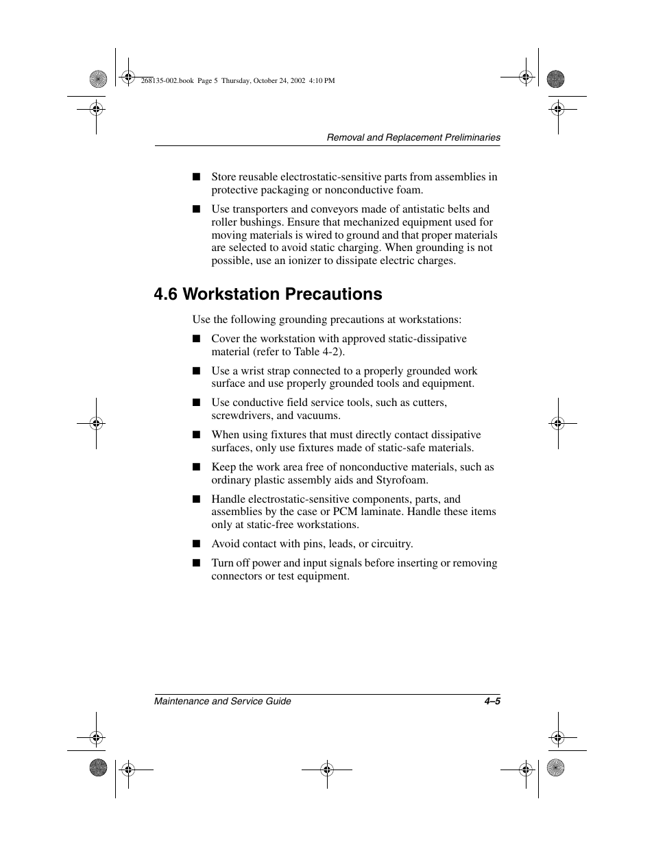 6 workstation precautions, 6 workstation precautions –5 | Compaq 2800 User Manual | Page 75 / 181