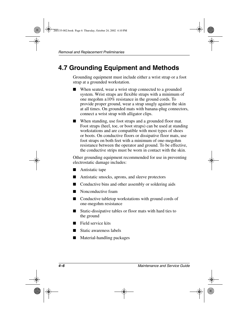 7 grounding equipment and methods, 7 grounding equipment and methods –6 | Compaq 2800 User Manual | Page 76 / 181