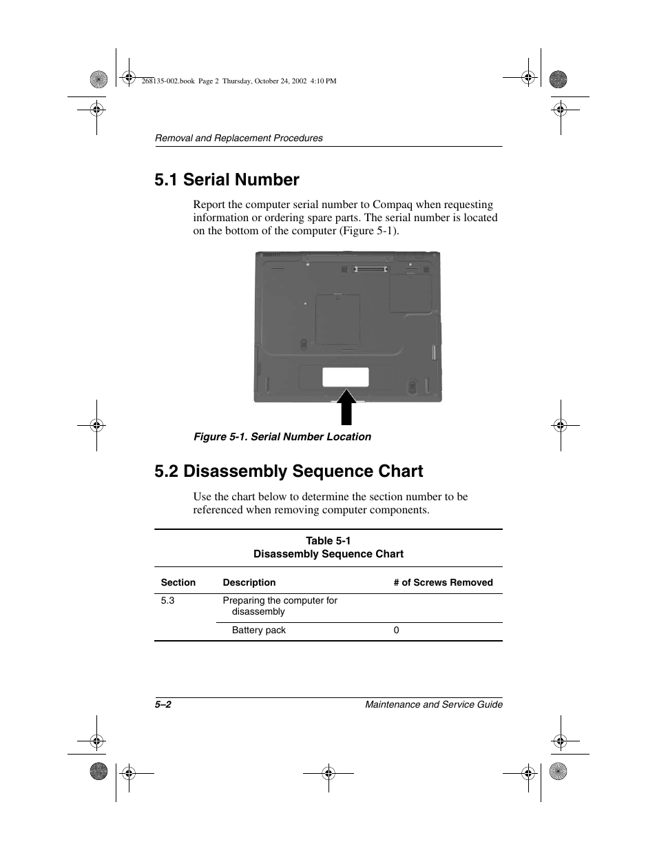 1 serial number, 2 disassembly sequence chart | Compaq 2800 User Manual | Page 80 / 181
