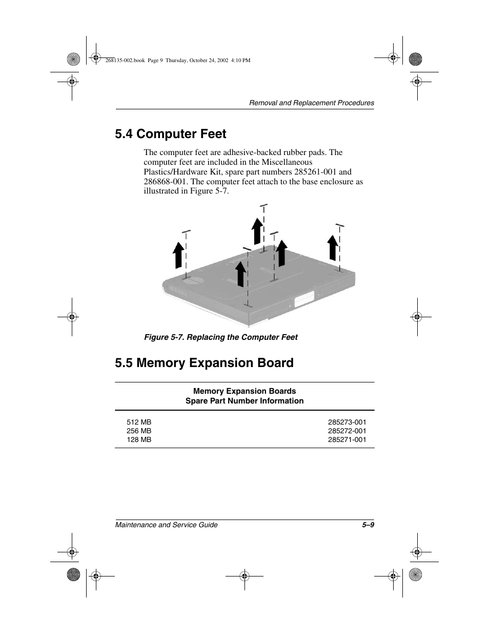 4 computer feet, 5 memory expansion board, 4 computer feet –9 5.5 memory expansion board –9 | Compaq 2800 User Manual | Page 87 / 181
