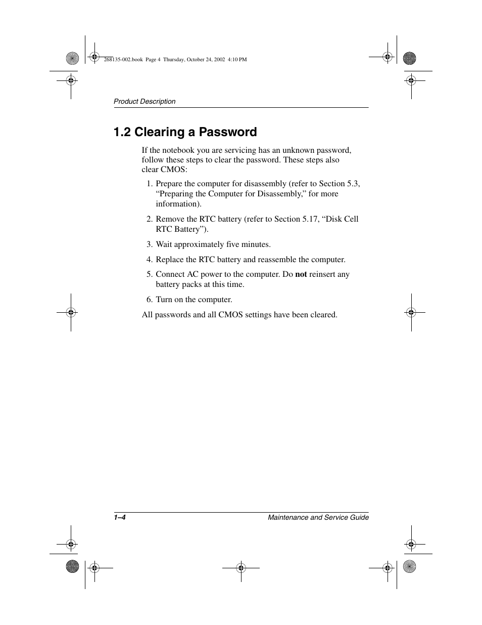 2 clearing a password, 2 clearing a password –4 | Compaq 2800 User Manual | Page 9 / 181