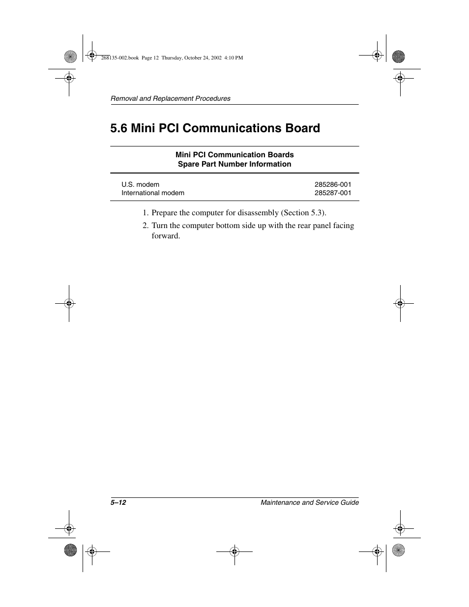 6 mini pci communications board, 6 mini pci communications board –12 | Compaq 2800 User Manual | Page 90 / 181