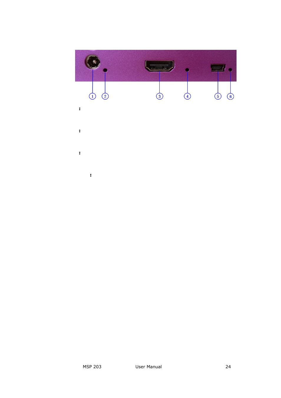 Output and other interface, 3：hdmi output interface, 5：usb interface | 1：power, 6：indicator, Hardware orientation, 3 ： hdmi output interface, 5 ： usb interface, 1 ： power, 6 ： indicator | RGBLink MSP 203 User Manual User Manual | Page 24 / 37