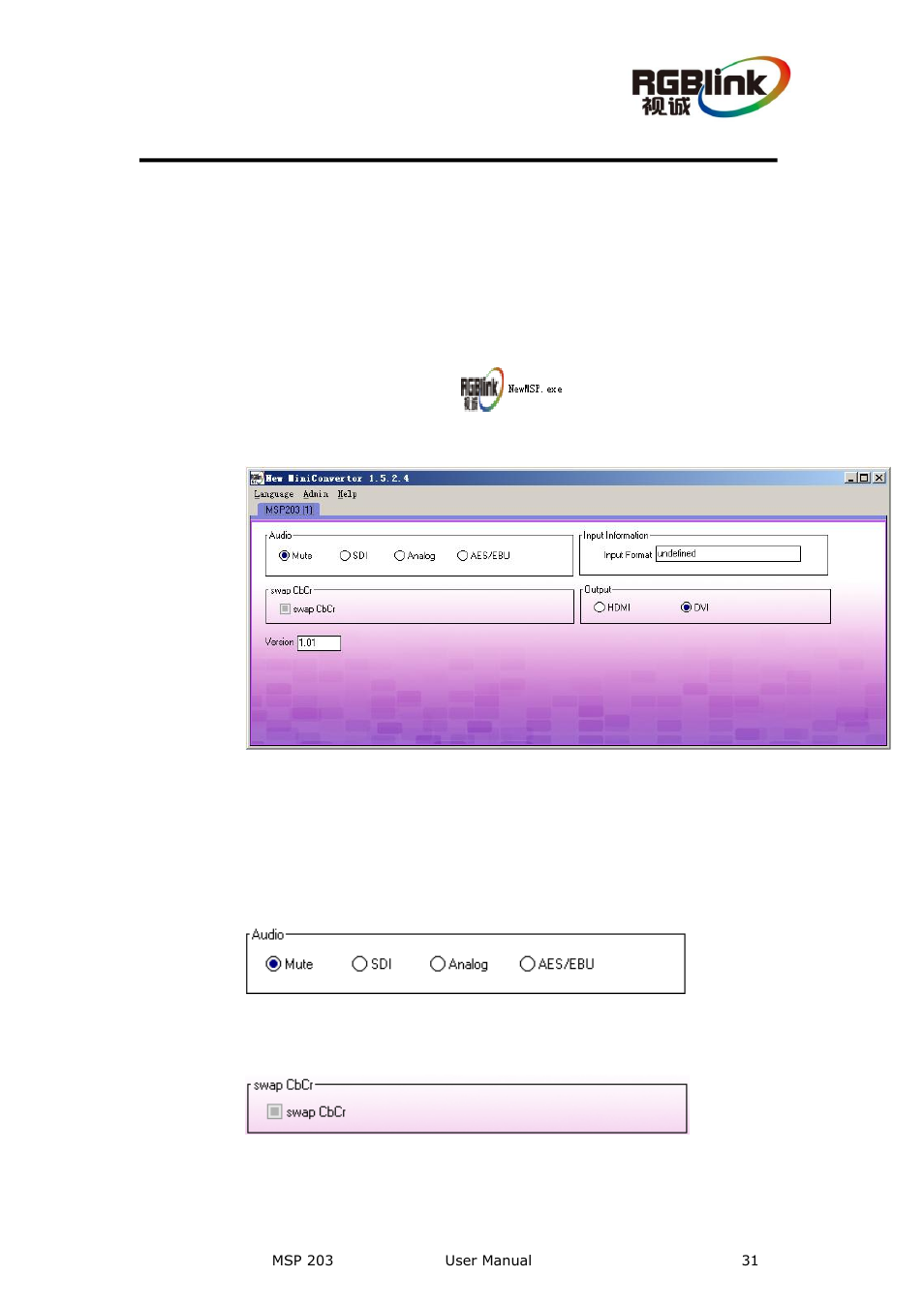 Communication software guideline, Running software, Audio | Swap cbcr | RGBLink MSP 203 User Manual User Manual | Page 31 / 37