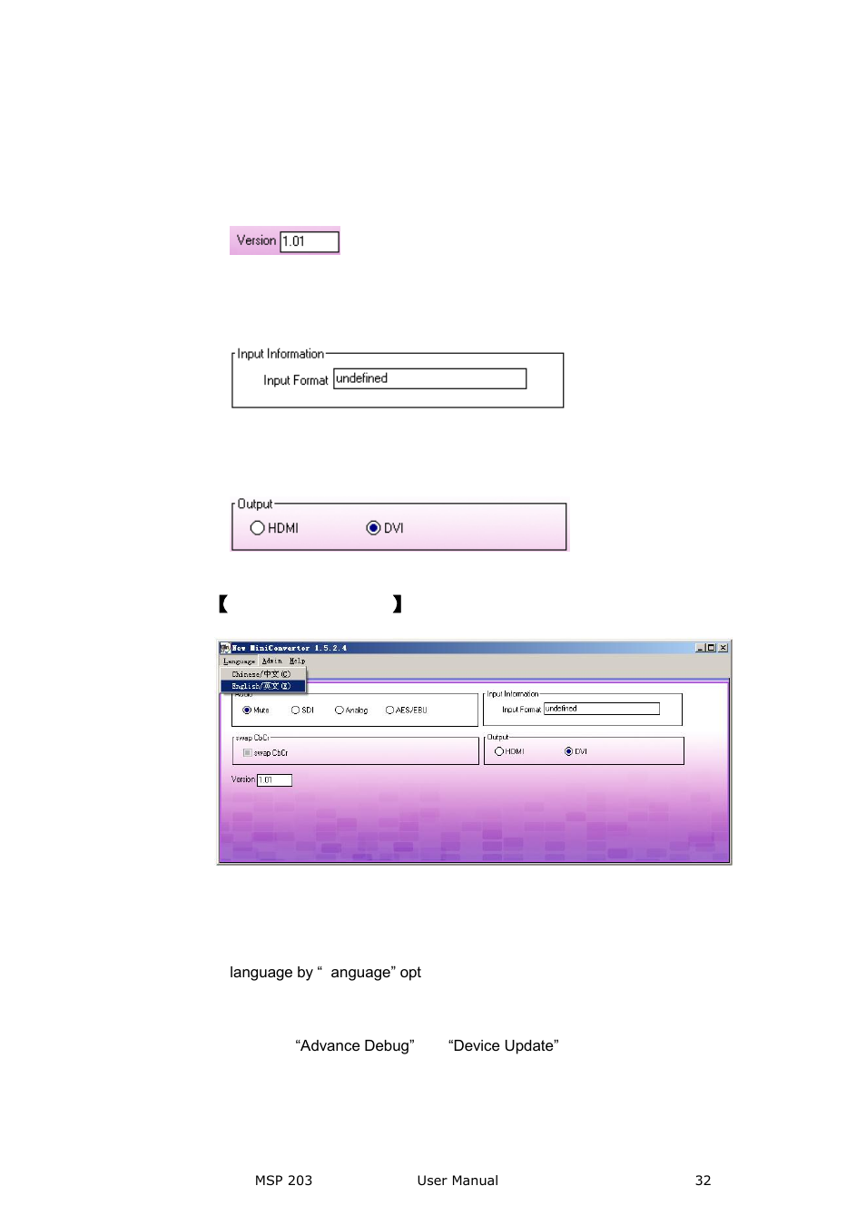 Version, Input information, Output | Video processor】 options, Language, Admin, Video processor 】 options | RGBLink MSP 203 User Manual User Manual | Page 32 / 37