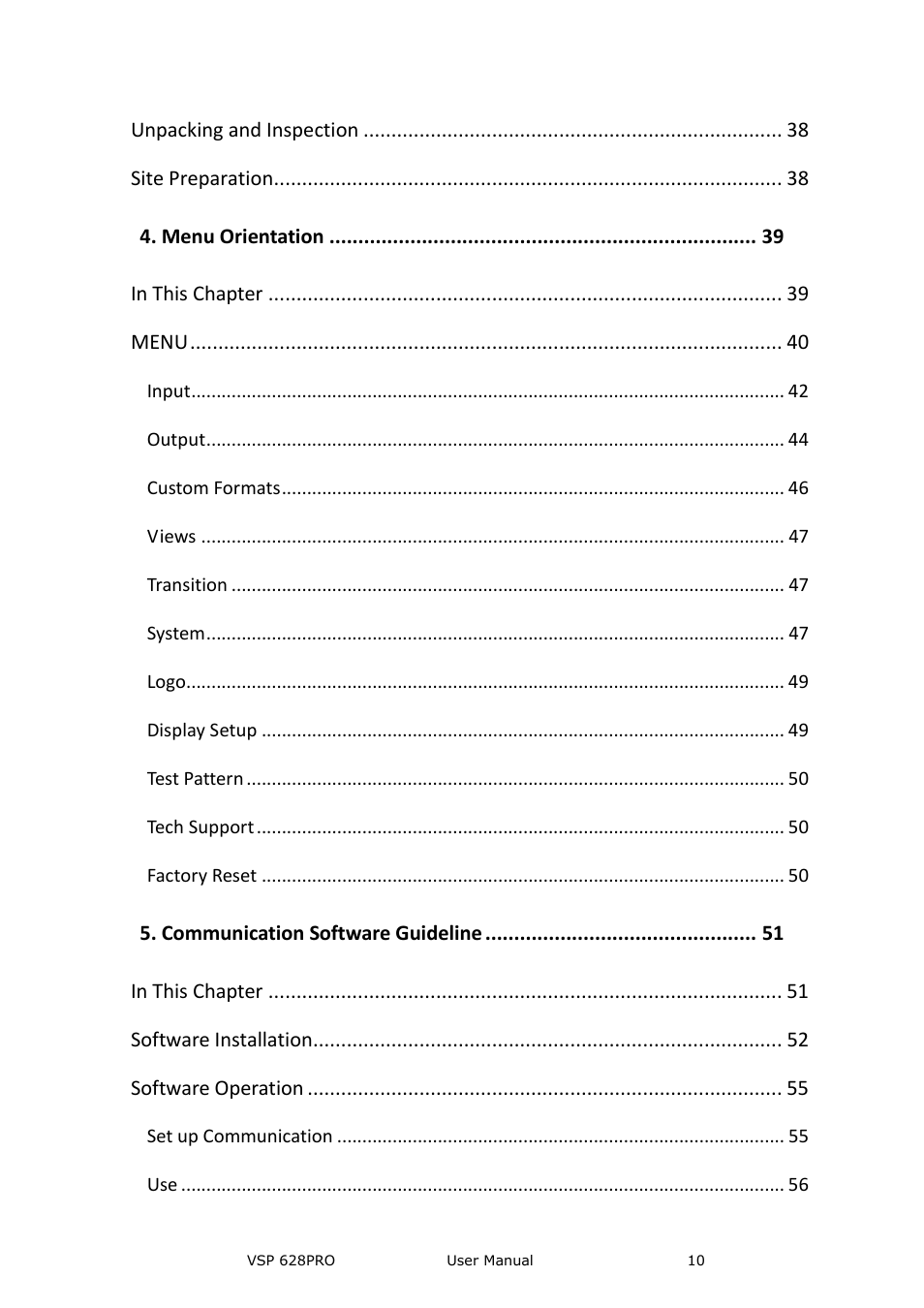 Unpacking and inspection, Site preparation, Menu orientation | Menu, Communication software guideline, Software installation, Software operation | RGBLink VSP 628PRO User Manual User Manual | Page 10 / 120