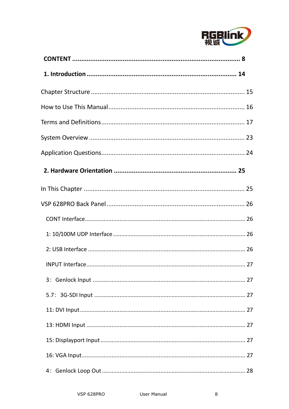 Content | RGBLink VSP 628PRO User Manual User Manual | Page 8 / 120