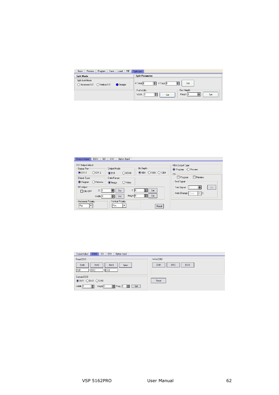 Split joint, Tools, Output adjust | Edid, Communication software guideline | RGBLink VSP 5162PRO User Manual | Page 62 / 114