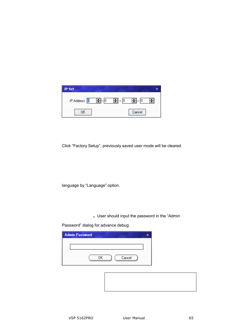 Language, Admin, Communication software guideline | Device ip, Factory setup | RGBLink VSP 5162PRO User Manual | Page 65 / 114