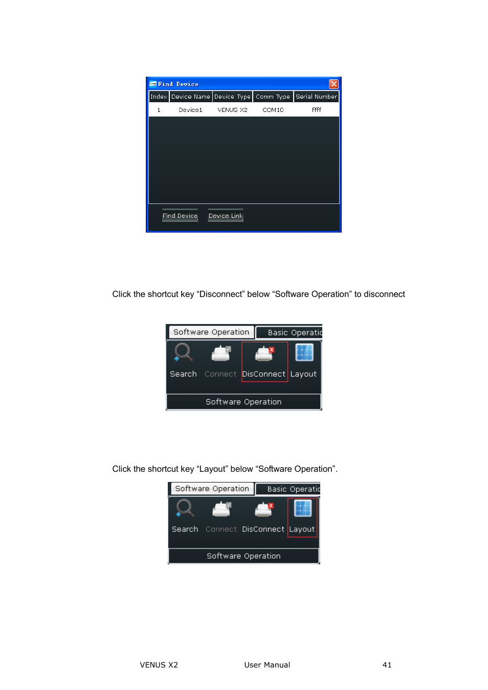Disconnect, Layout, Communication software guideline | RGBLink VENUS X2 User Manual User Manual | Page 41 / 68