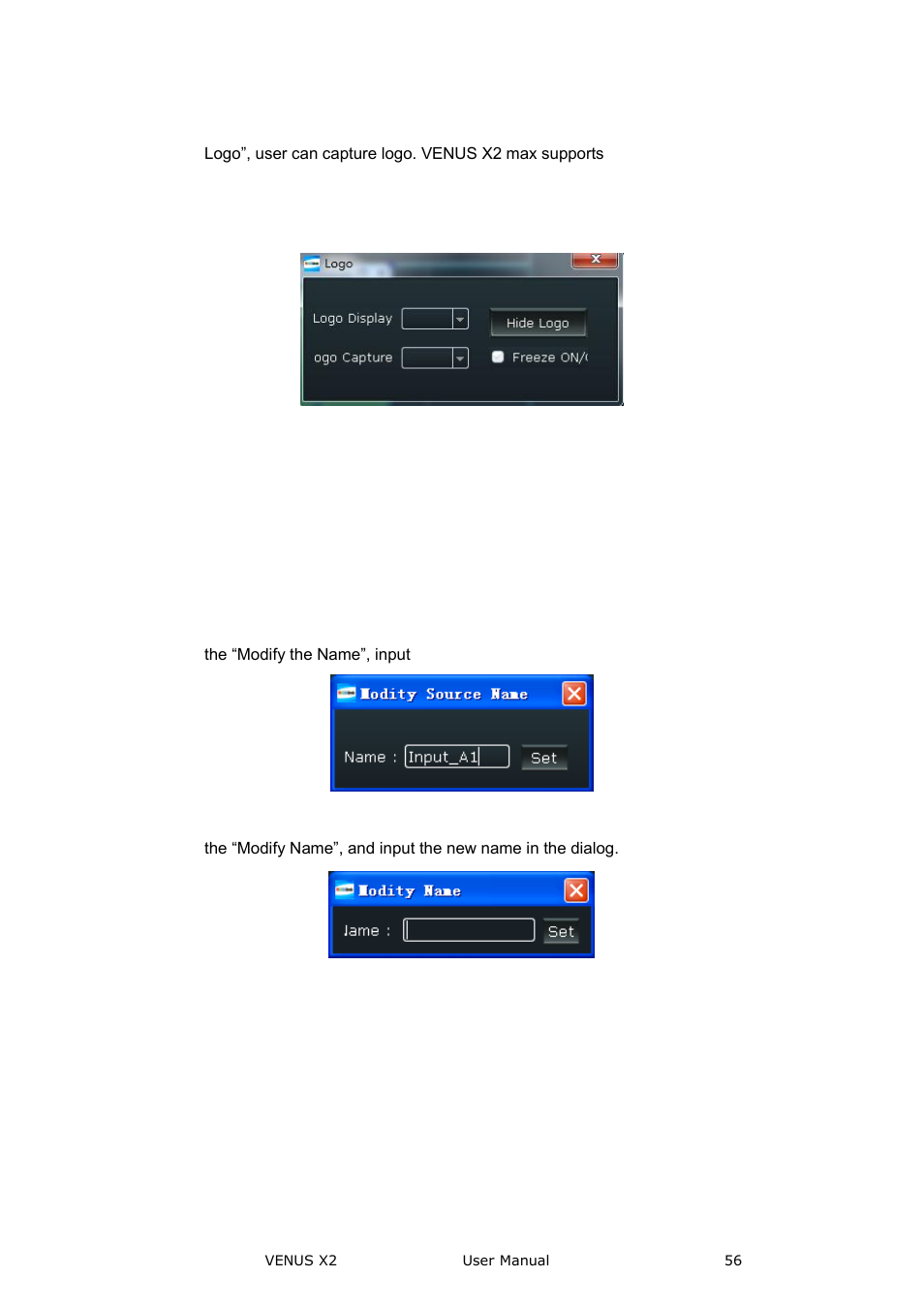 Modify the name, Ip set, Communication software guideline | RGBLink VENUS X2 User Manual User Manual | Page 56 / 68