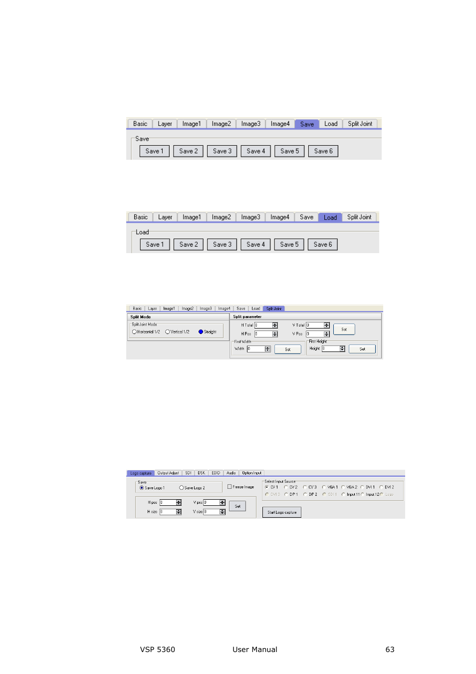 Save, Load, Split joint | Tools, Logo capture, Output adjust, Communication software guideline | RGBLink VSP 5360 User Manual | Page 63 / 110