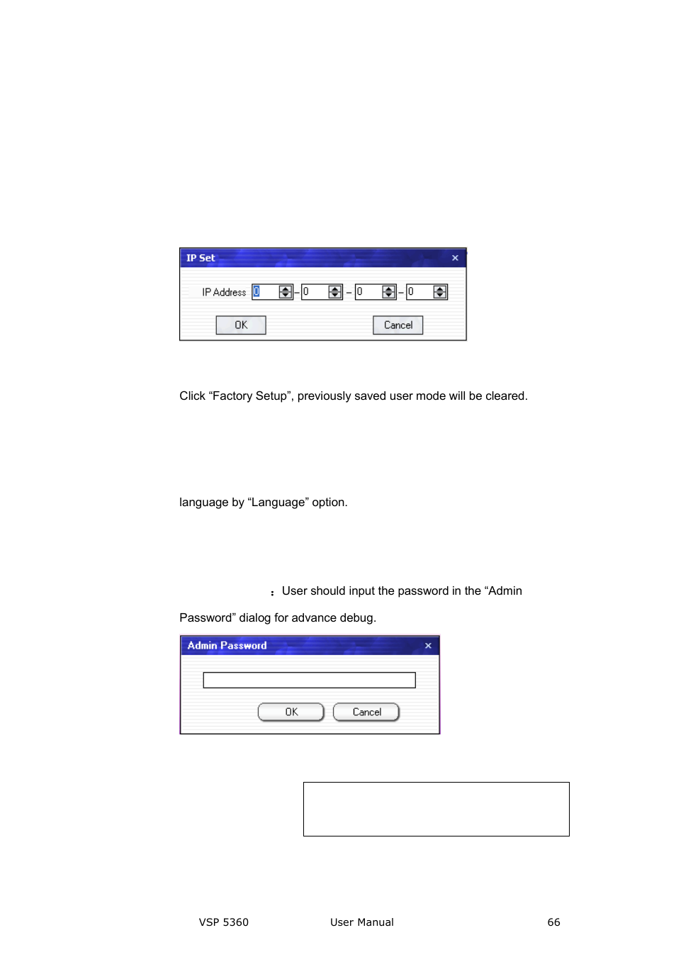 Language, Admin, Communication software guideline | Device ip, Factory setup | RGBLink VSP 5360 User Manual | Page 66 / 110