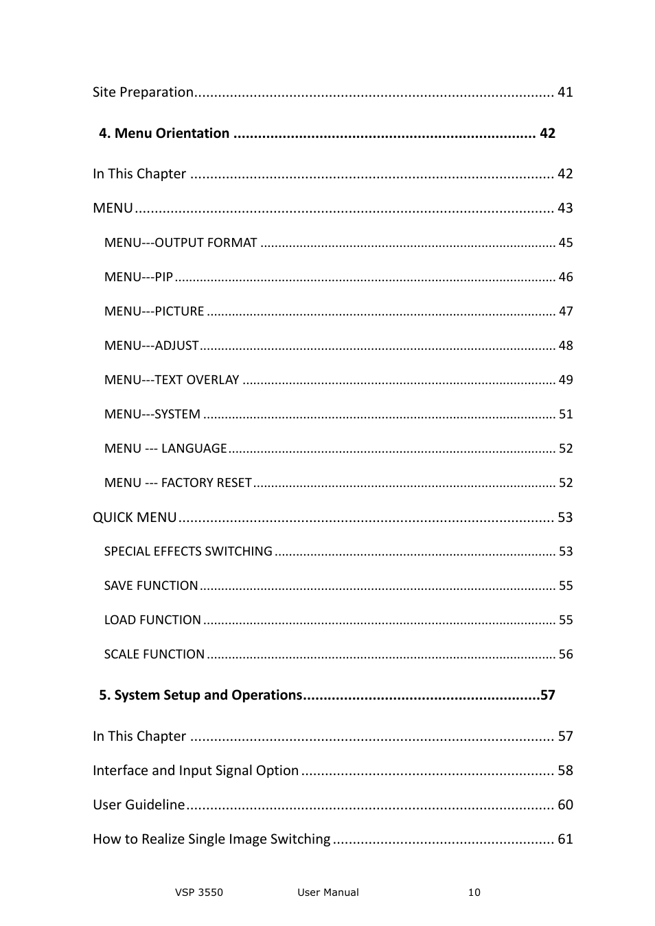 Site preparation, Menu orientation, Menu | Quick menu, System setup and operations, Interface and input signal option, User guideline, How to realize single image switching | RGBLink VSP 3550S User Manual User Manual | Page 10 / 88
