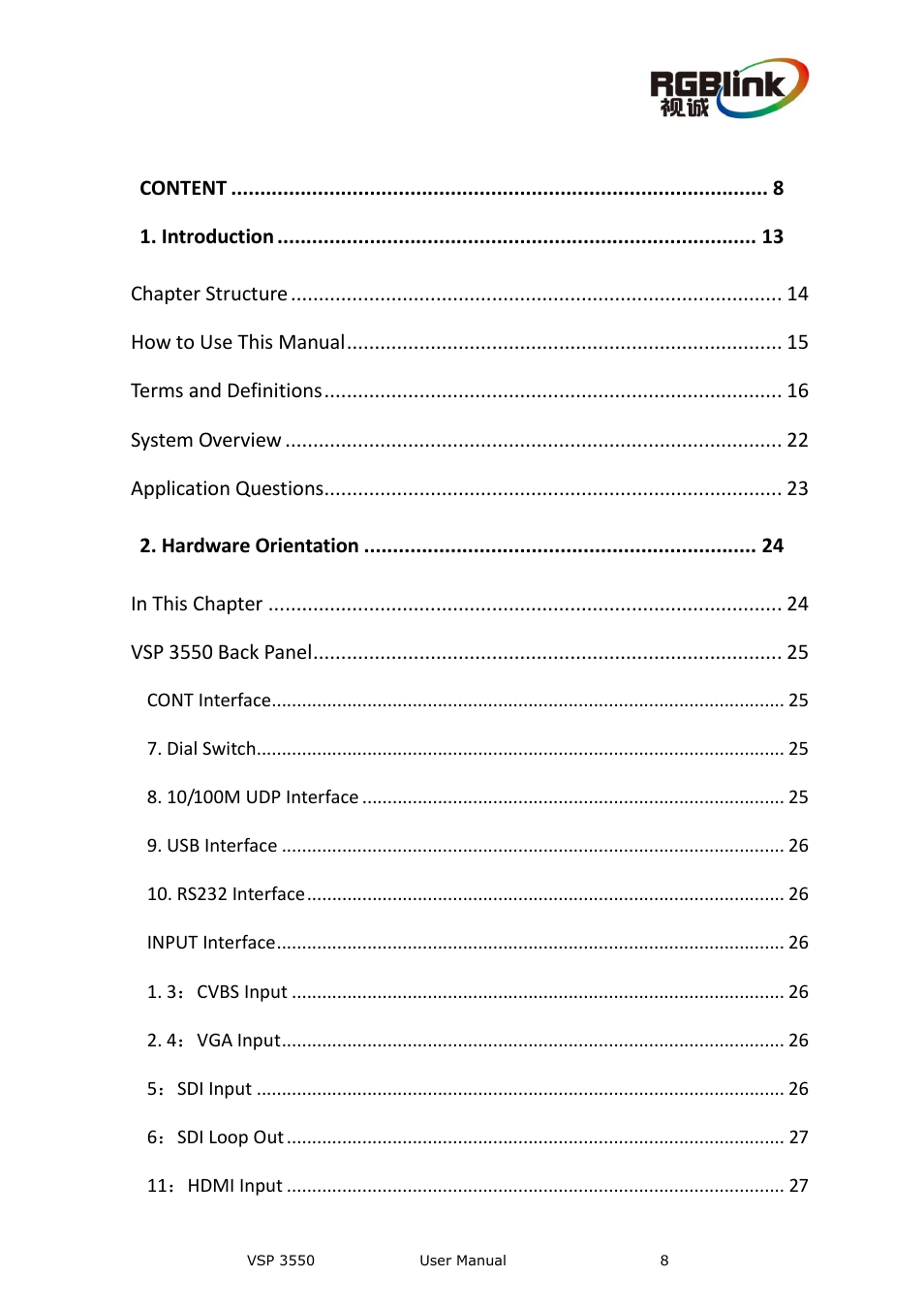 Content | RGBLink VSP 3550S User Manual User Manual | Page 8 / 88