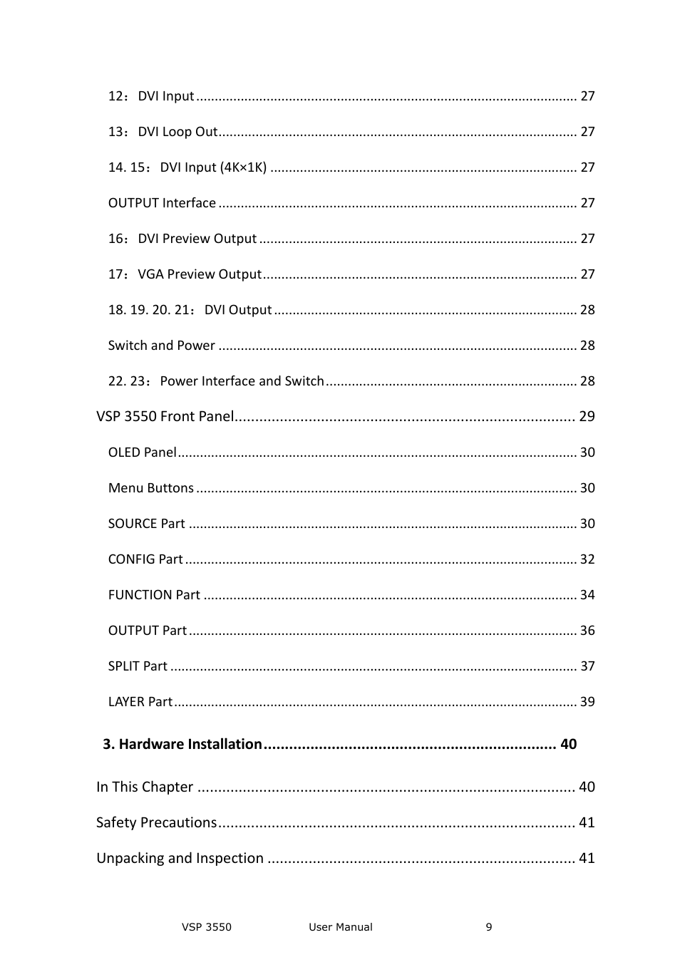 Vsp 3550 front panel, Hardware installation, Safety precautions | Unpacking and inspection | RGBLink VSP 3550S User Manual User Manual | Page 9 / 88