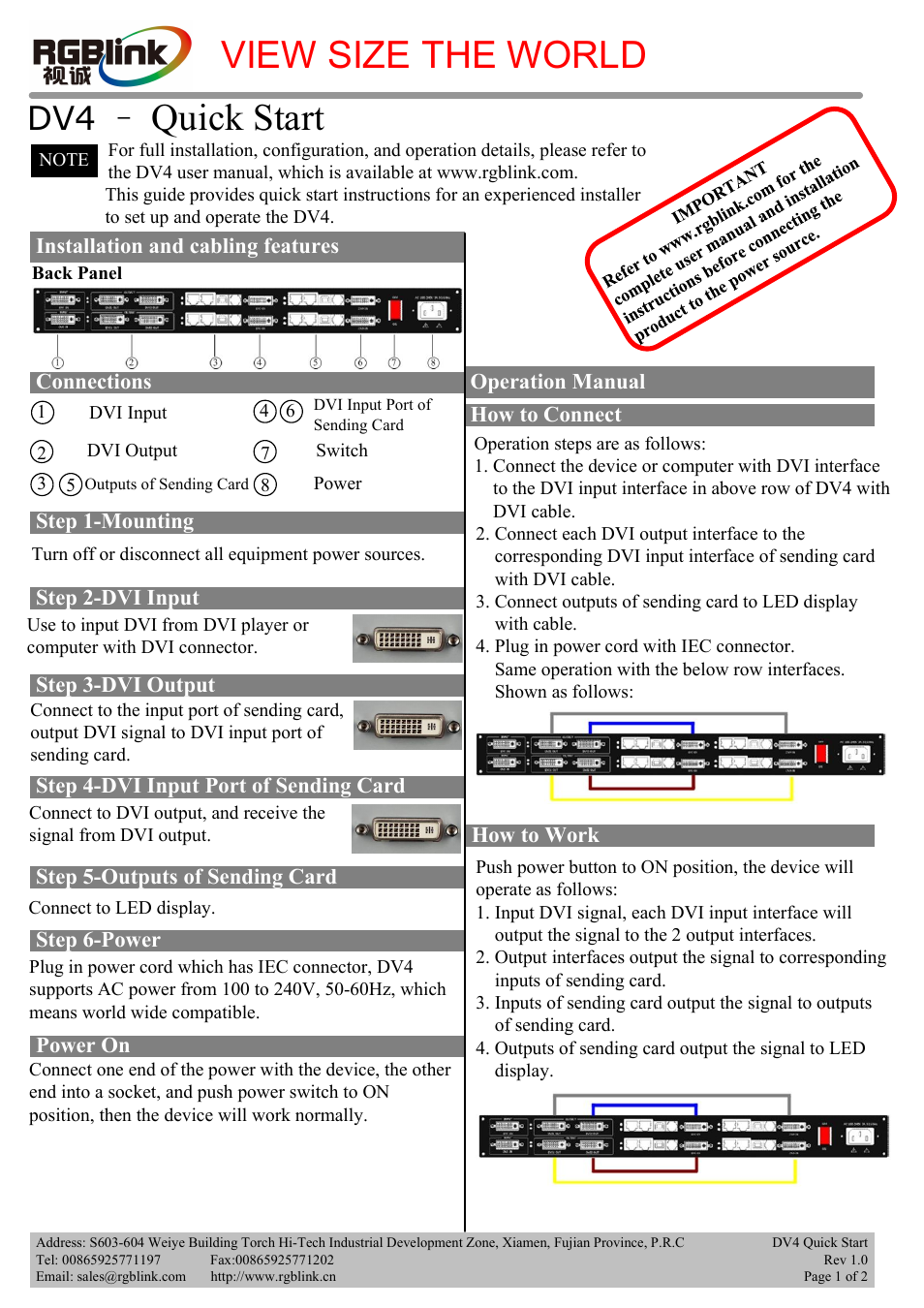 RGBLink DV4 Quick Start User Manual | 2 pages