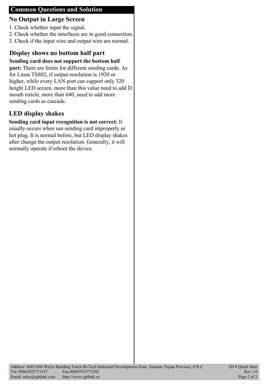 No output in large screen, Led display shakes | RGBLink DV4 Quick Start User Manual | Page 2 / 2