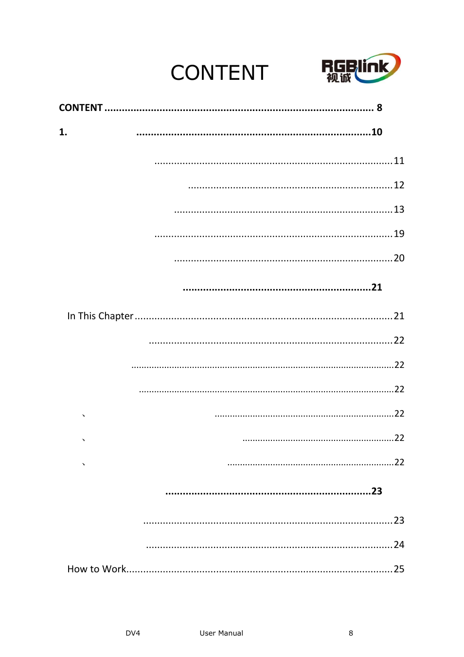 Content | RGBLink DV4 User Manual User Manual | Page 8 / 31