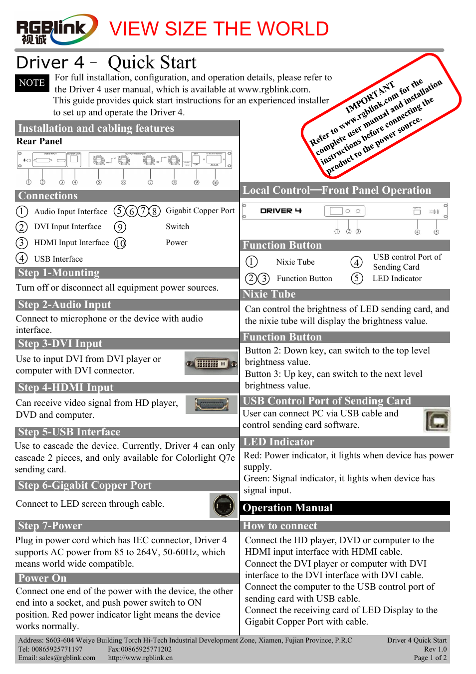 RGBLink Driver 4 Quick Start User Manual | 2 pages