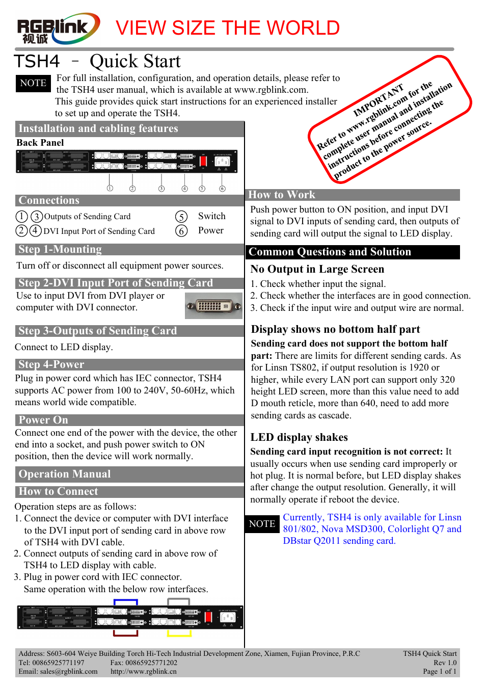 RGBLink TSH4 Quick Start User Manual | 1 page