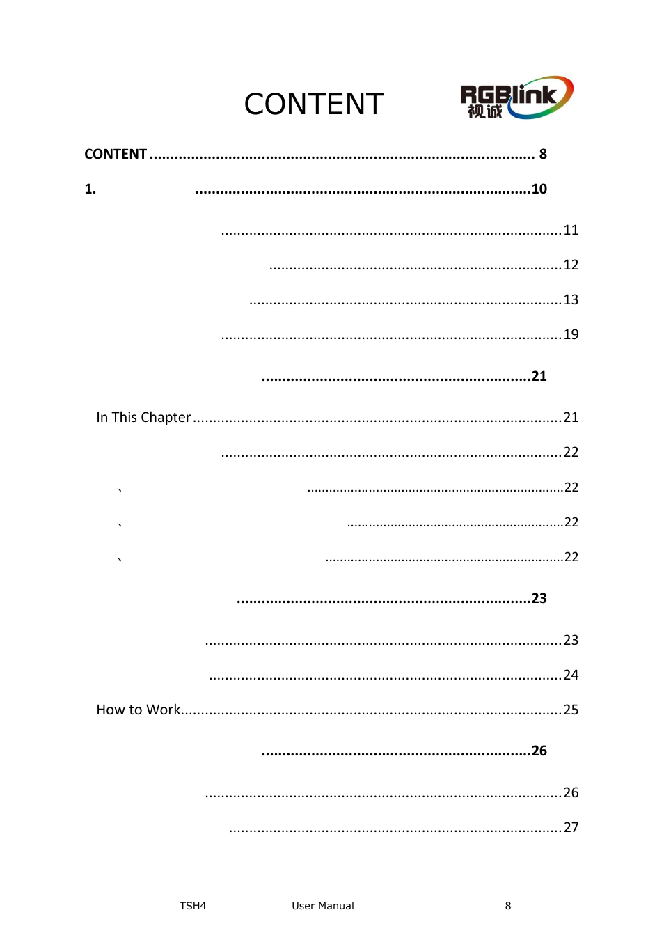 Content | RGBLink TSH4 User Manual User Manual | Page 8 / 31
