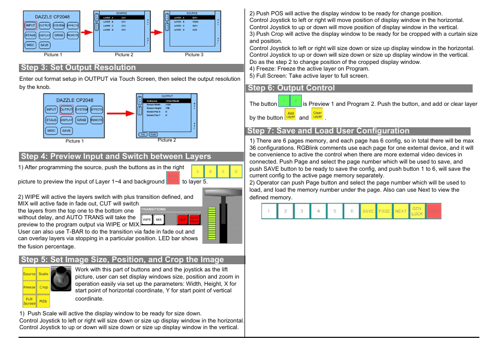 Step 4: preview input and switch between layers, Step 3: set output resolution, Step 6: output control | RGBLink CP 2048 User Manual | Page 5 / 5