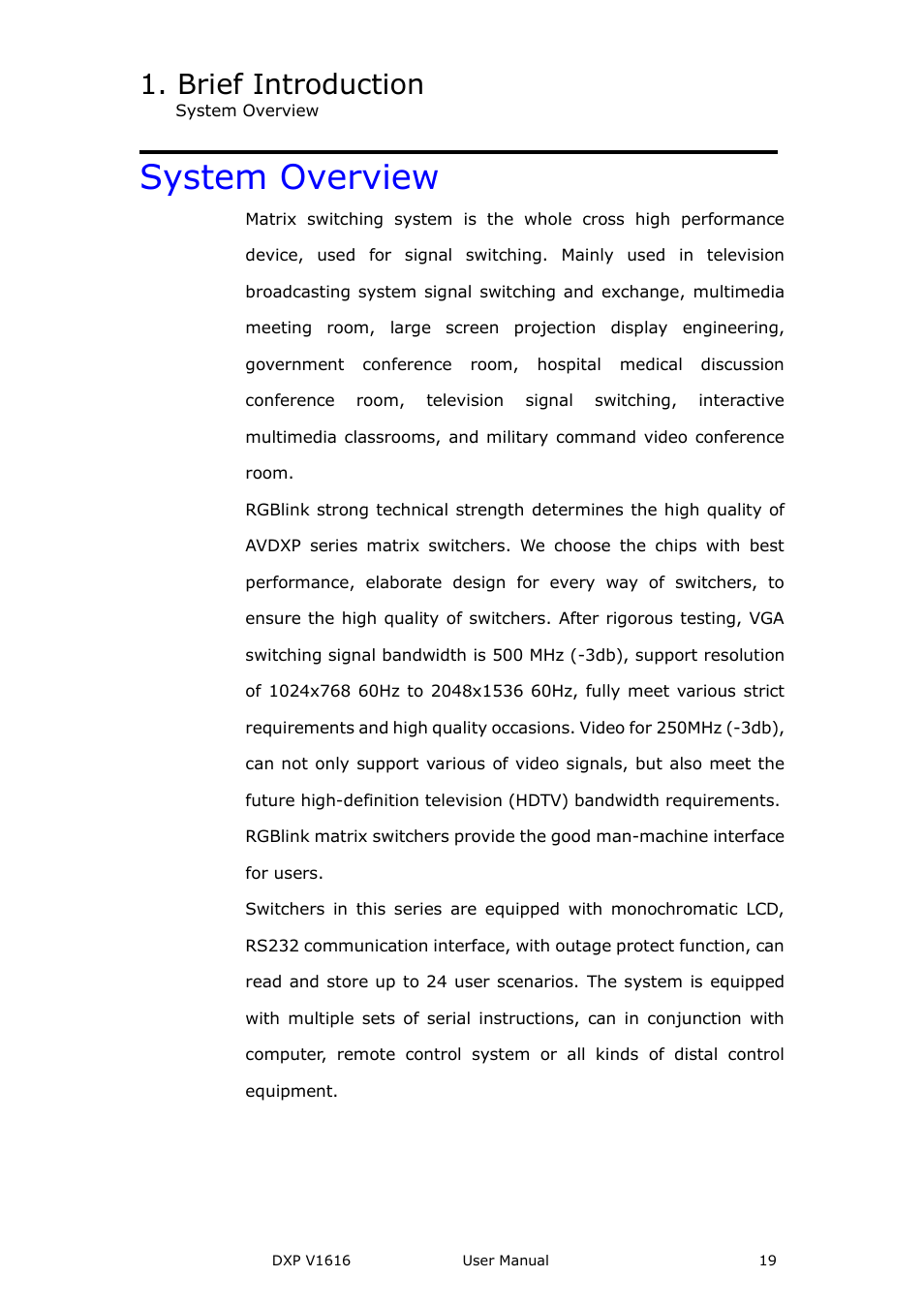 System overview, Brief introduction | RGBLink DXP V1616 User Manual User Manual | Page 19 / 50