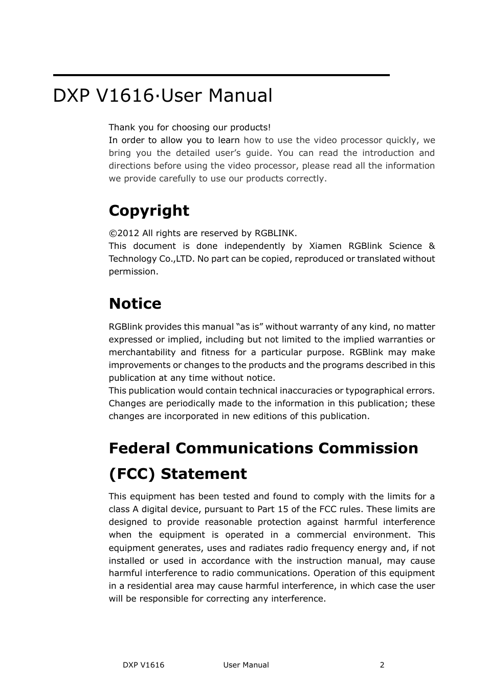 Dxp v1616· user manual, Copyright, Notice | Federal communications commission (fcc) statement | RGBLink DXP V1616 User Manual User Manual | Page 2 / 50