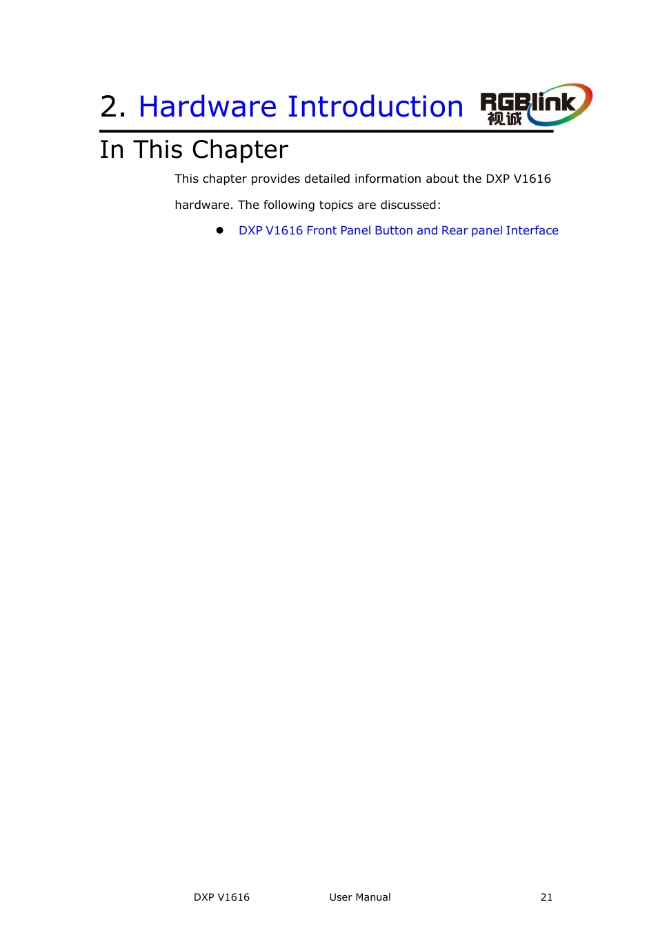 Hardware introduction, In this chapter | RGBLink DXP V1616 User Manual User Manual | Page 21 / 50