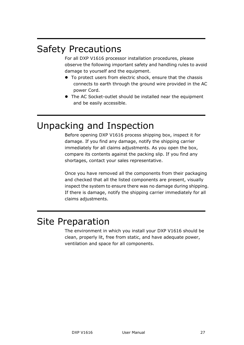 Safety precautions, Unpacking and inspection, Site preparation | RGBLink DXP V1616 User Manual User Manual | Page 27 / 50