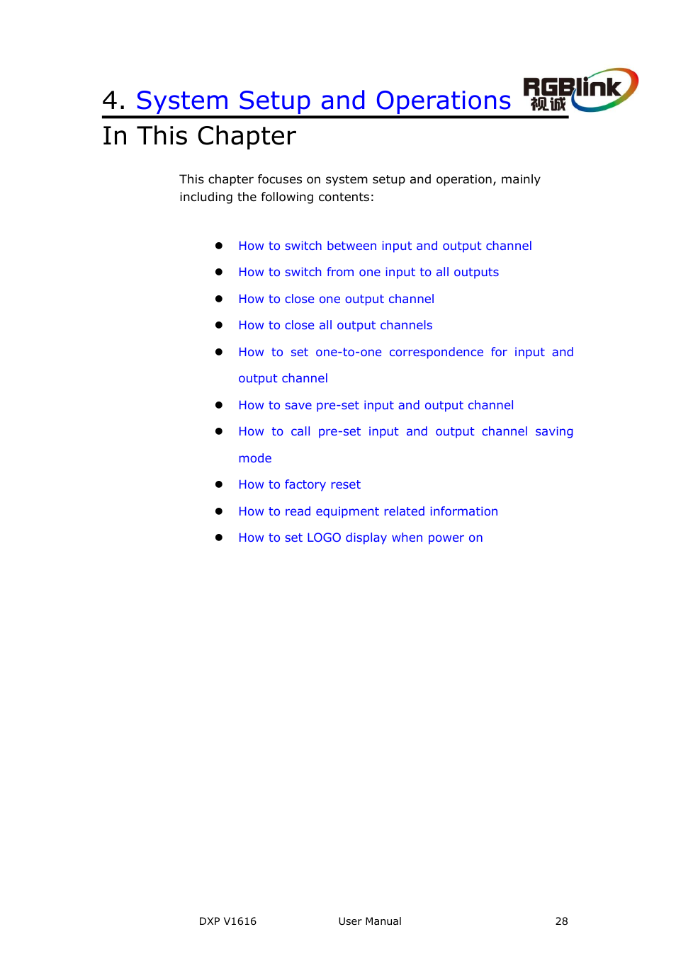 System setup and operations, In this chapter | RGBLink DXP V1616 User Manual User Manual | Page 28 / 50