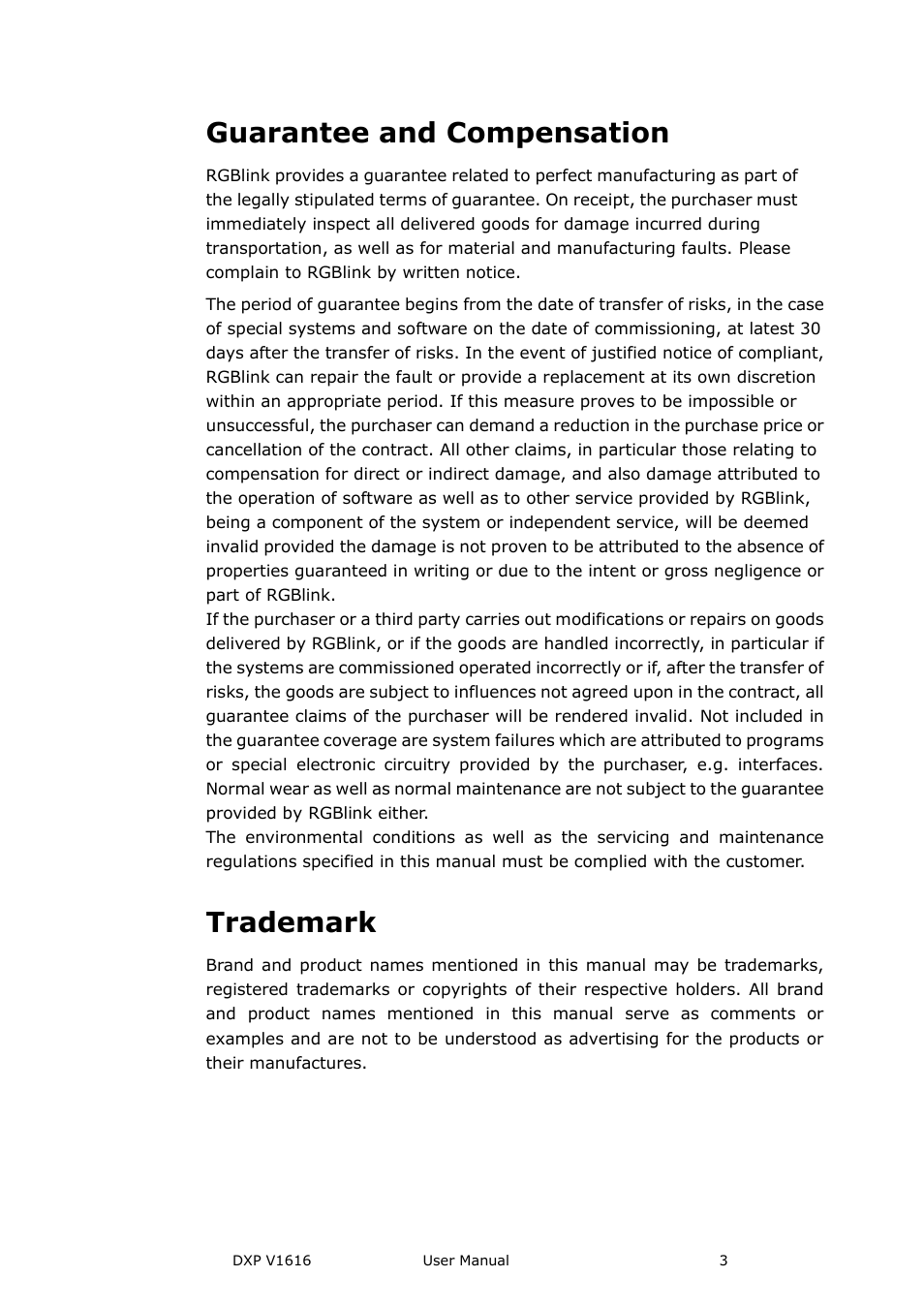 Guarantee and compensation, Trademark | RGBLink DXP V1616 User Manual User Manual | Page 3 / 50