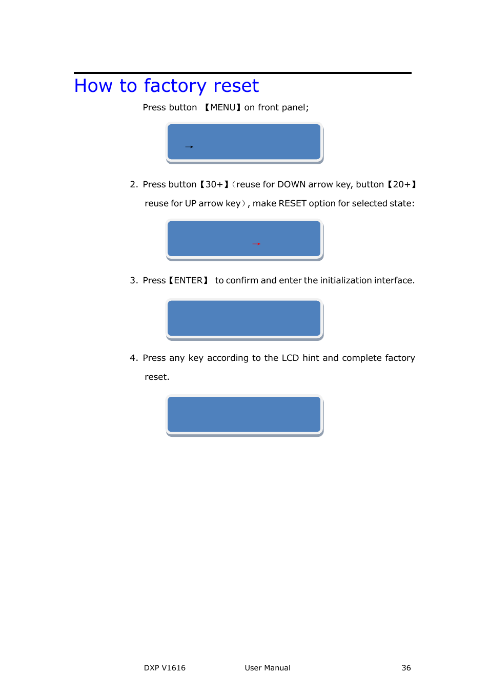 How to factory reset | RGBLink DXP V1616 User Manual User Manual | Page 36 / 50
