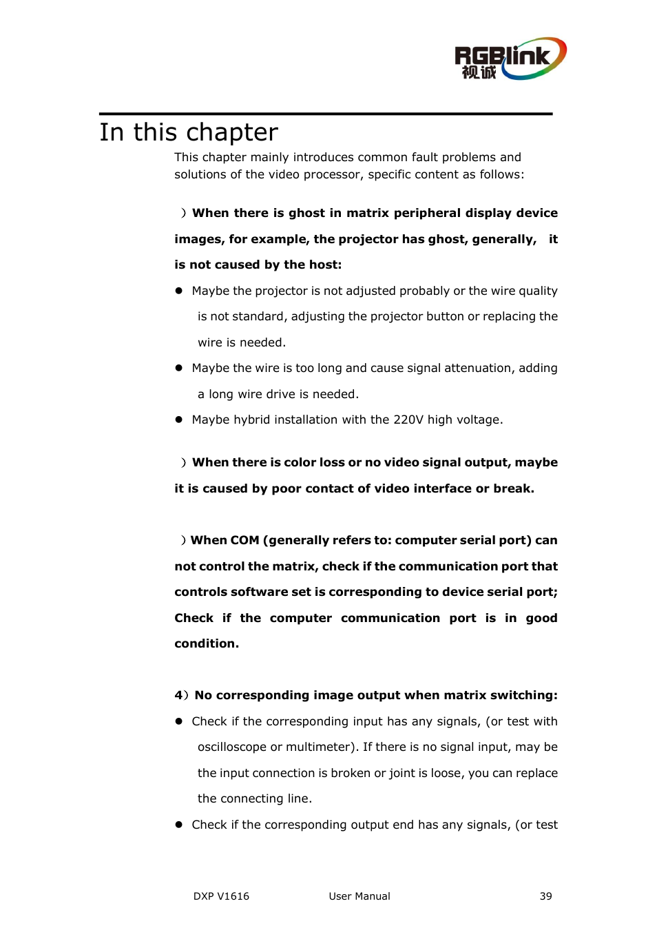 Common questions and solutions, In this chapter, Common questions and solutions in this chapter | RGBLink DXP V1616 User Manual User Manual | Page 39 / 50