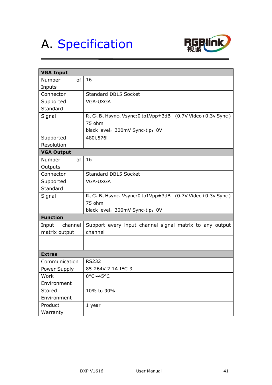 A. specification, Specification | RGBLink DXP V1616 User Manual User Manual | Page 41 / 50