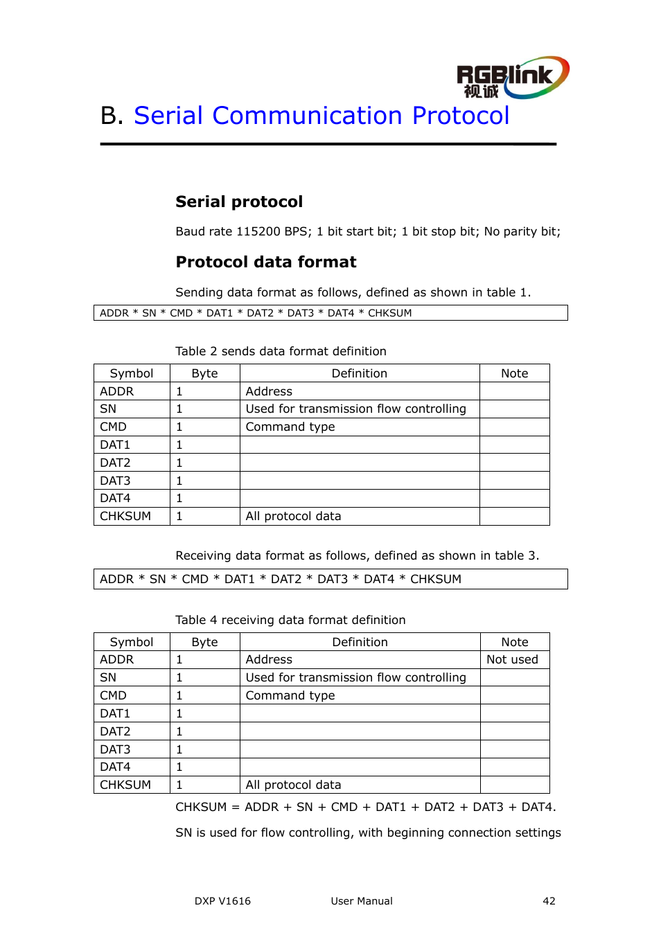 B. serial communication protocol, Serial protocol, Protocol data format | Serial communication protocol, B . serial communication protocol | RGBLink DXP V1616 User Manual User Manual | Page 42 / 50